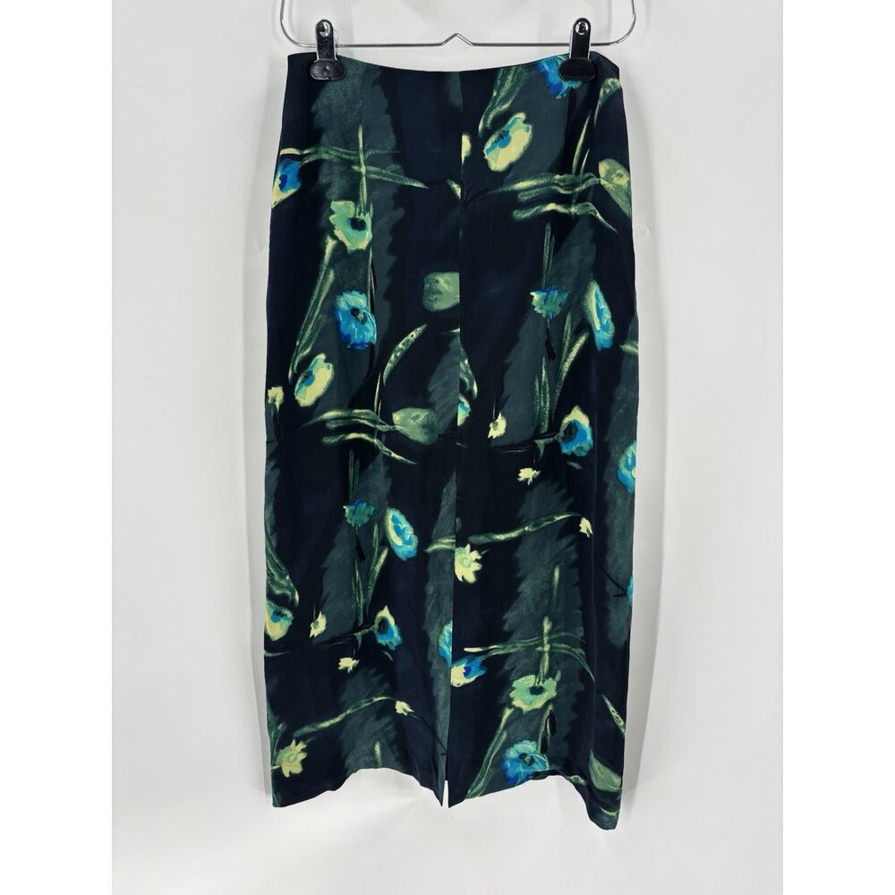 Vintage Petite Sophisticate Skirt Womens 8 Blue Green 100% Silk Floral Slit 90s